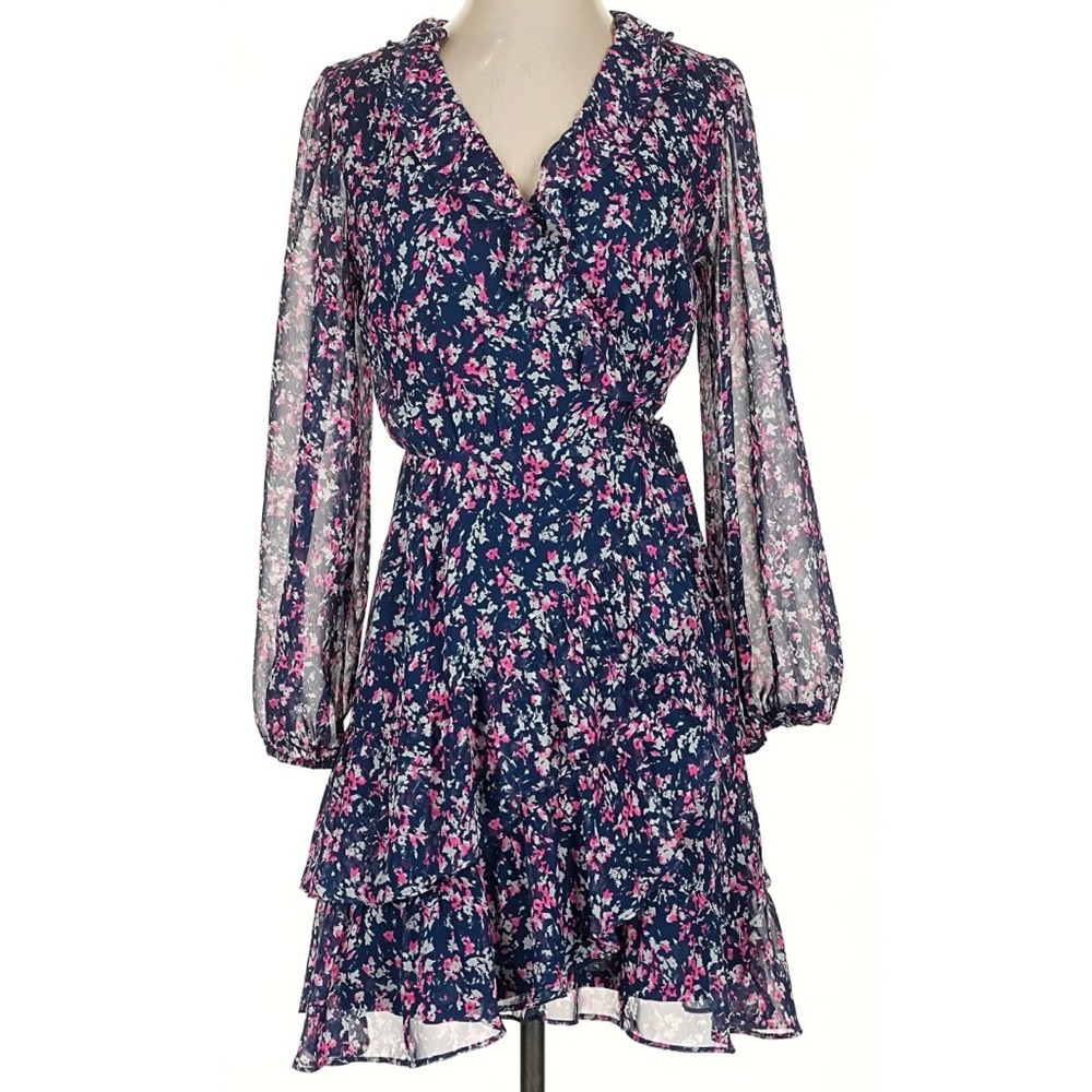Aqua Navy and Pink Floral Long Sleeve Dress